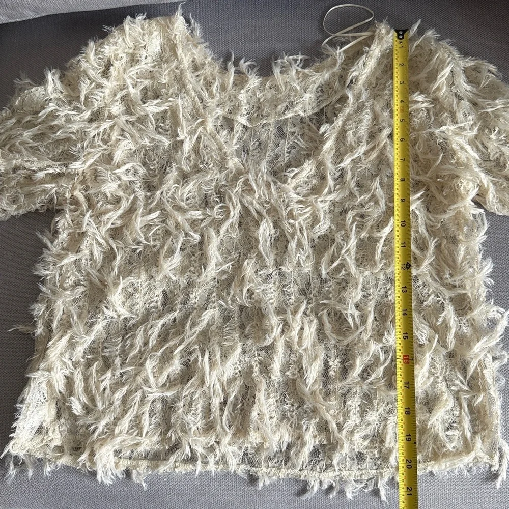 Zara Cream Textured Fringe Short-Sleeve Top Size M